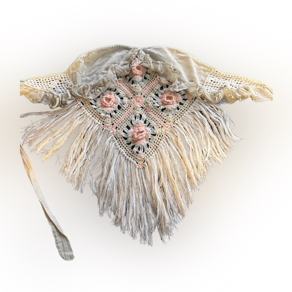 Free People Crochet Fringe Crop Top in Cream and Pink sz S